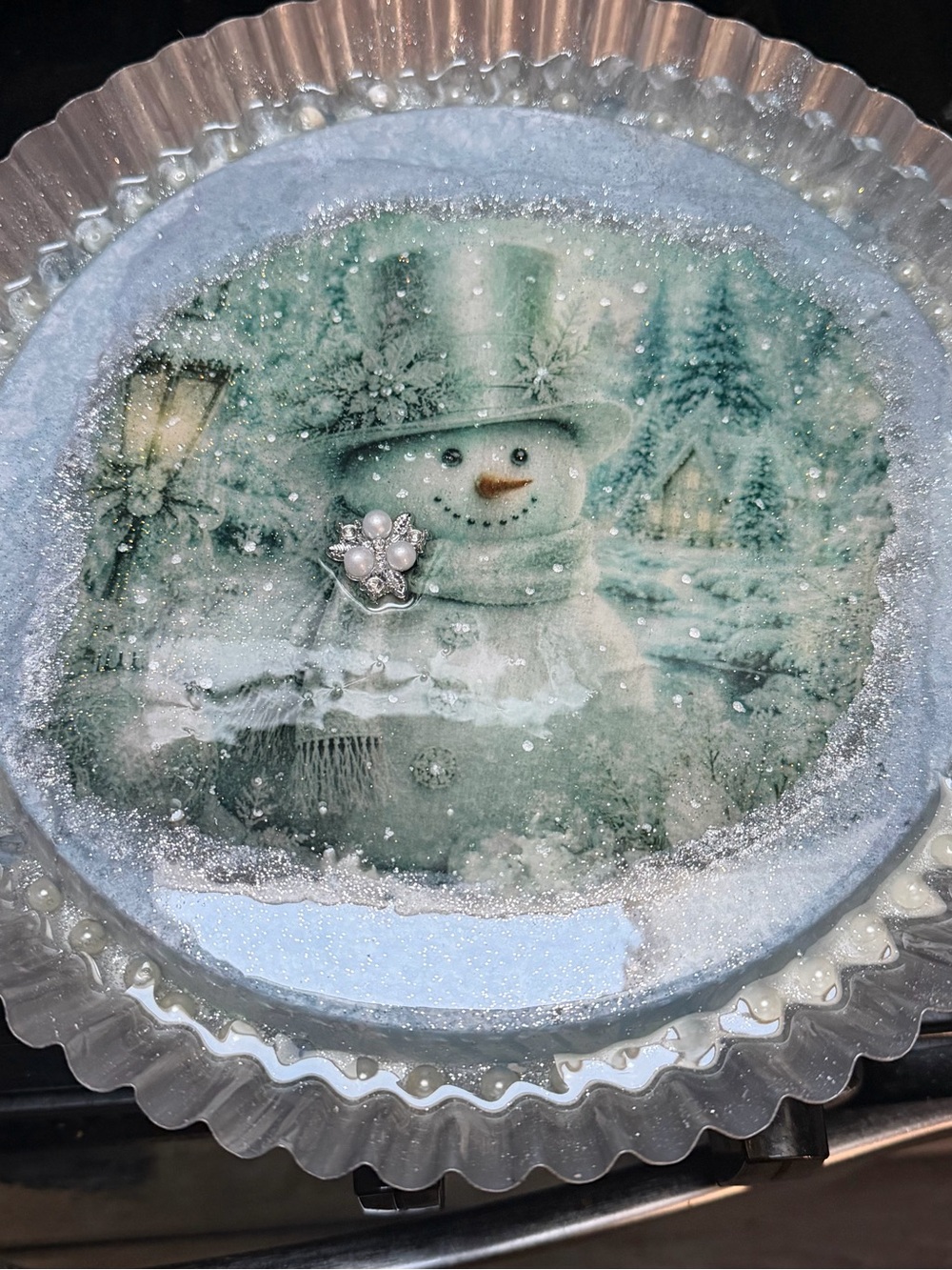 Handcrafted Festive Snowman Holiday Plate - Blue and White